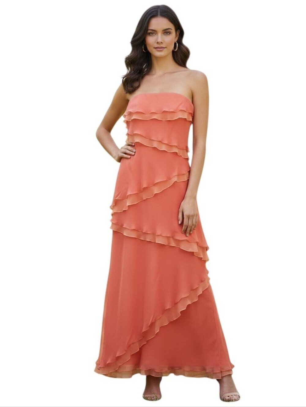 Melinda Eng Silk Chiffon Layered Coral Pink- Orange Sleeveless Evening Dress